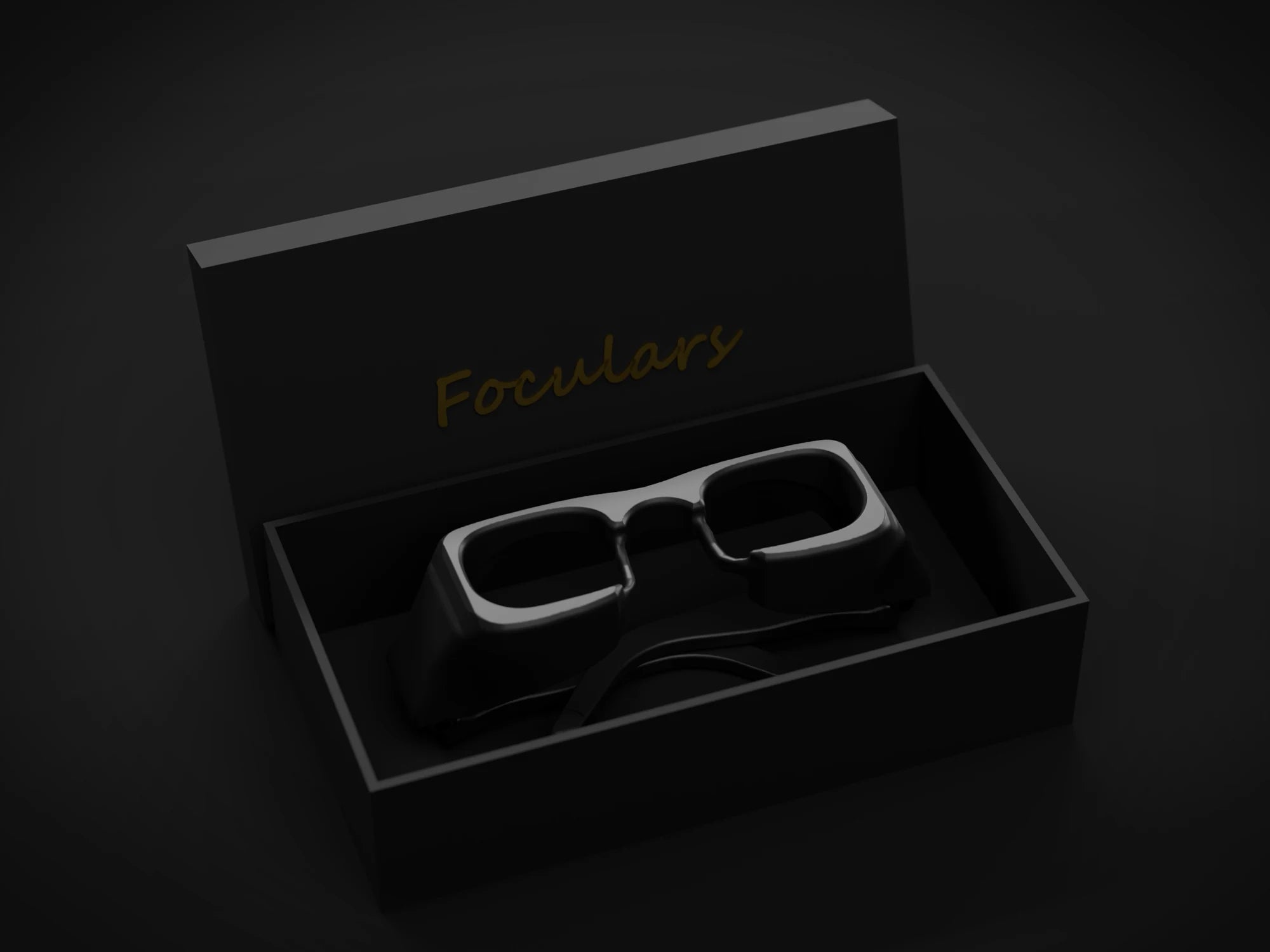 Foculars folded in its black box, the name written in gold on the lid